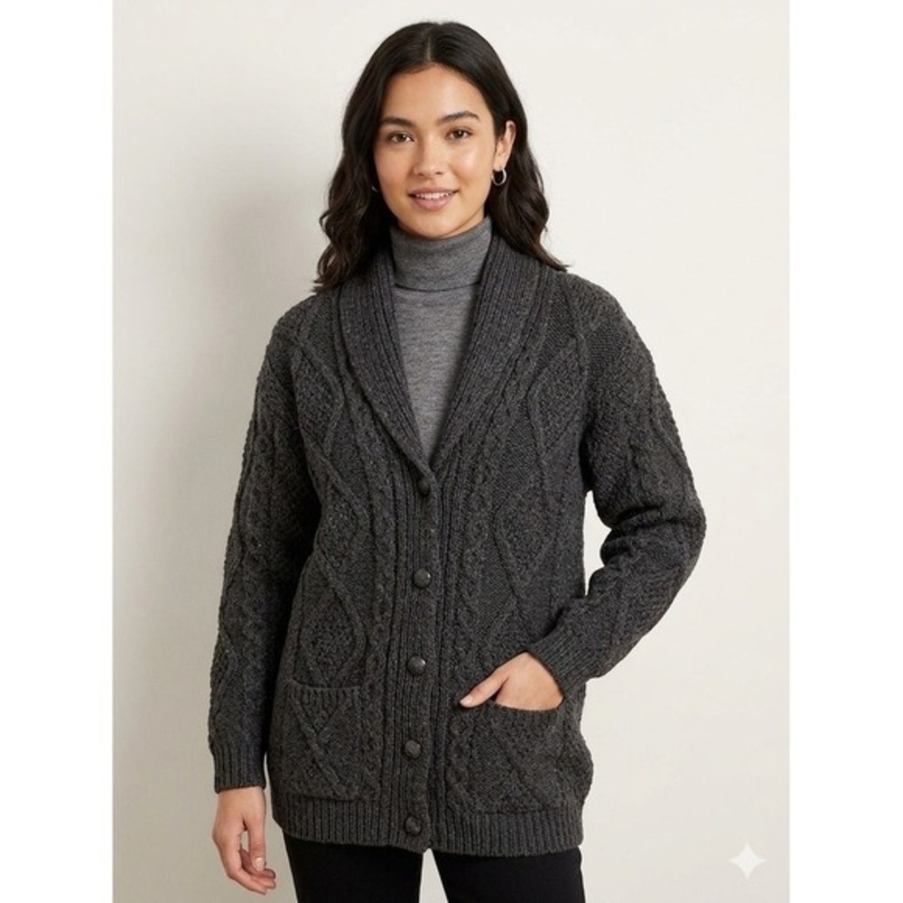 Aran Crafts Ireland 100% Merino Wool Cable Knit Shawl Cardigan Gray XL Women